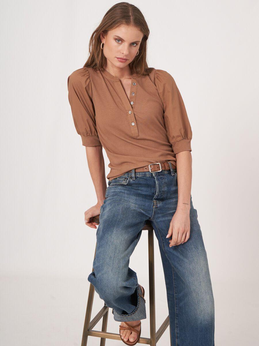 repeat cashmere Henley top met korte pofmouwen