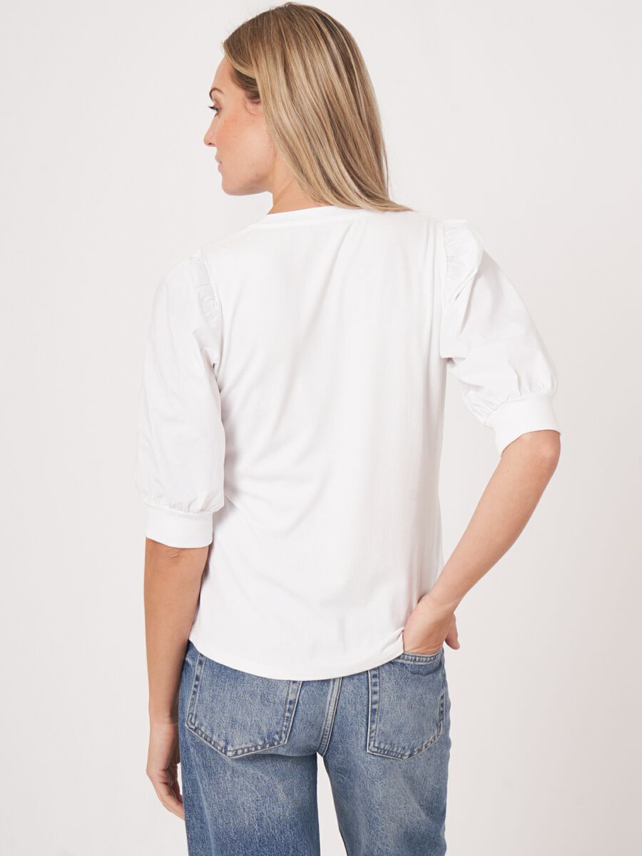 Repeat Cashmere Henley Top Met Korte Pofmouwen