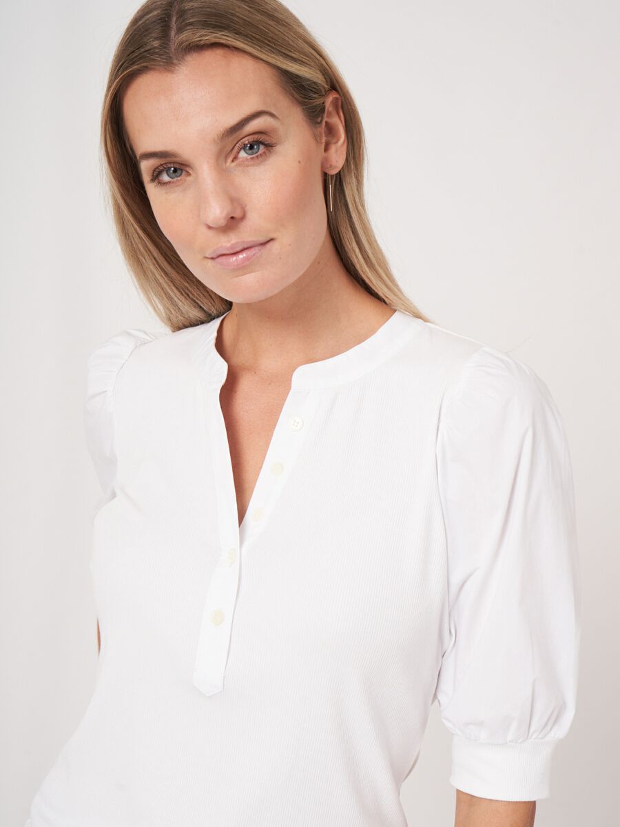 Repeat Cashmere Henley Top Met Korte Pofmouwen