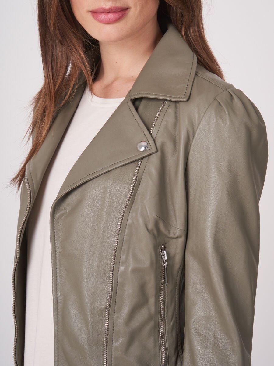 Repeat Cashmere Leren Bikerjas Met Pofmouwen