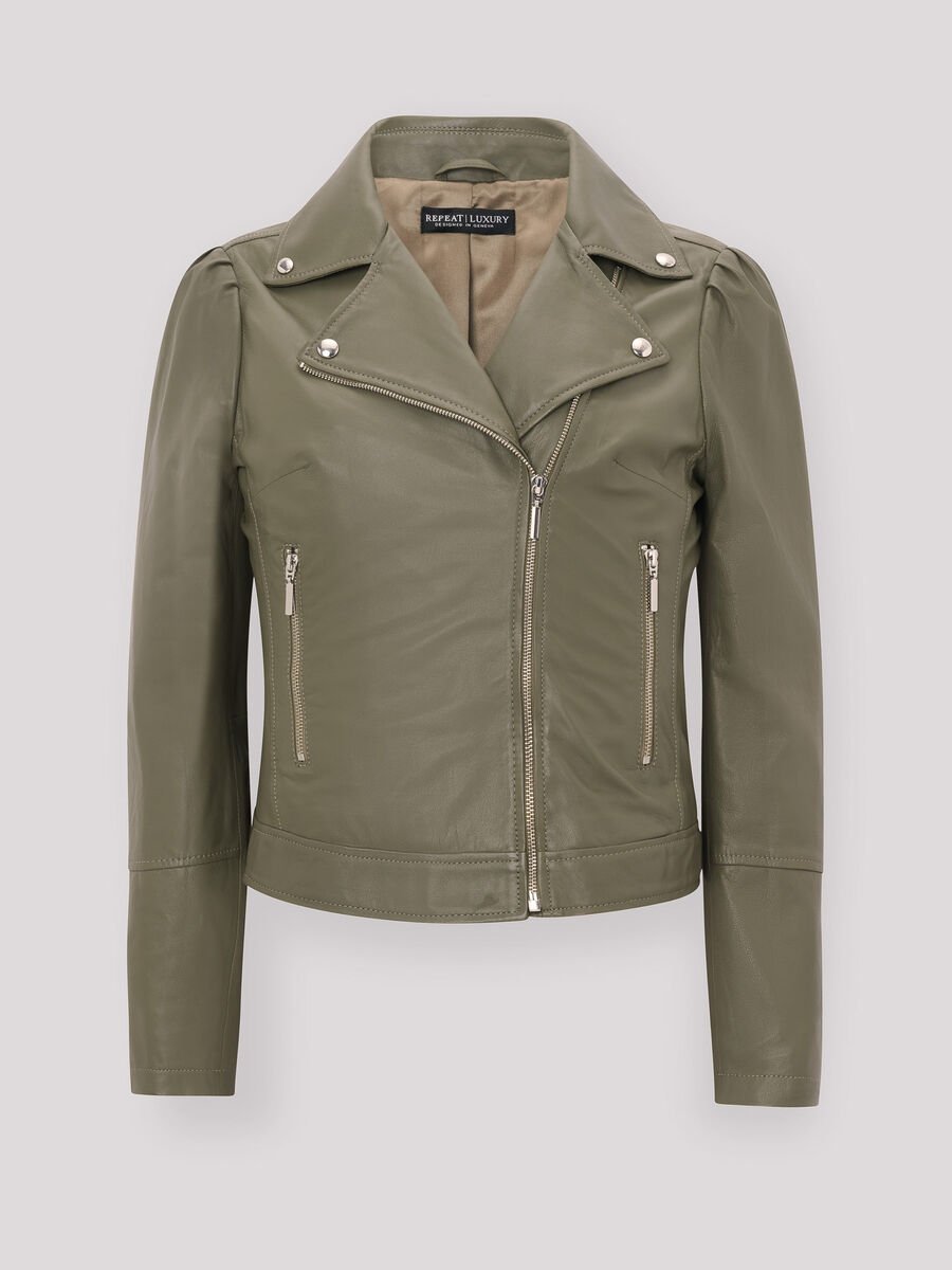repeat cashmere Leren bikerjas met pofmouwen