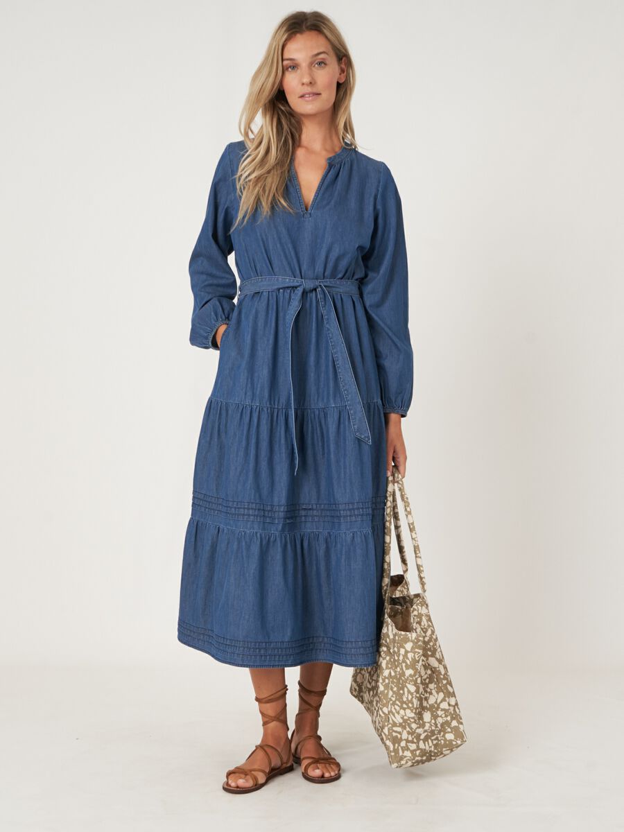 Repeat Cashmere Middellange Gelaagde Denim Jurk