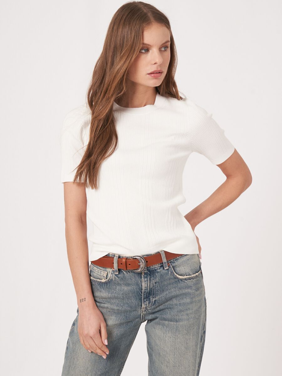 repeat cashmere Ribgebreide top met korte mouwen