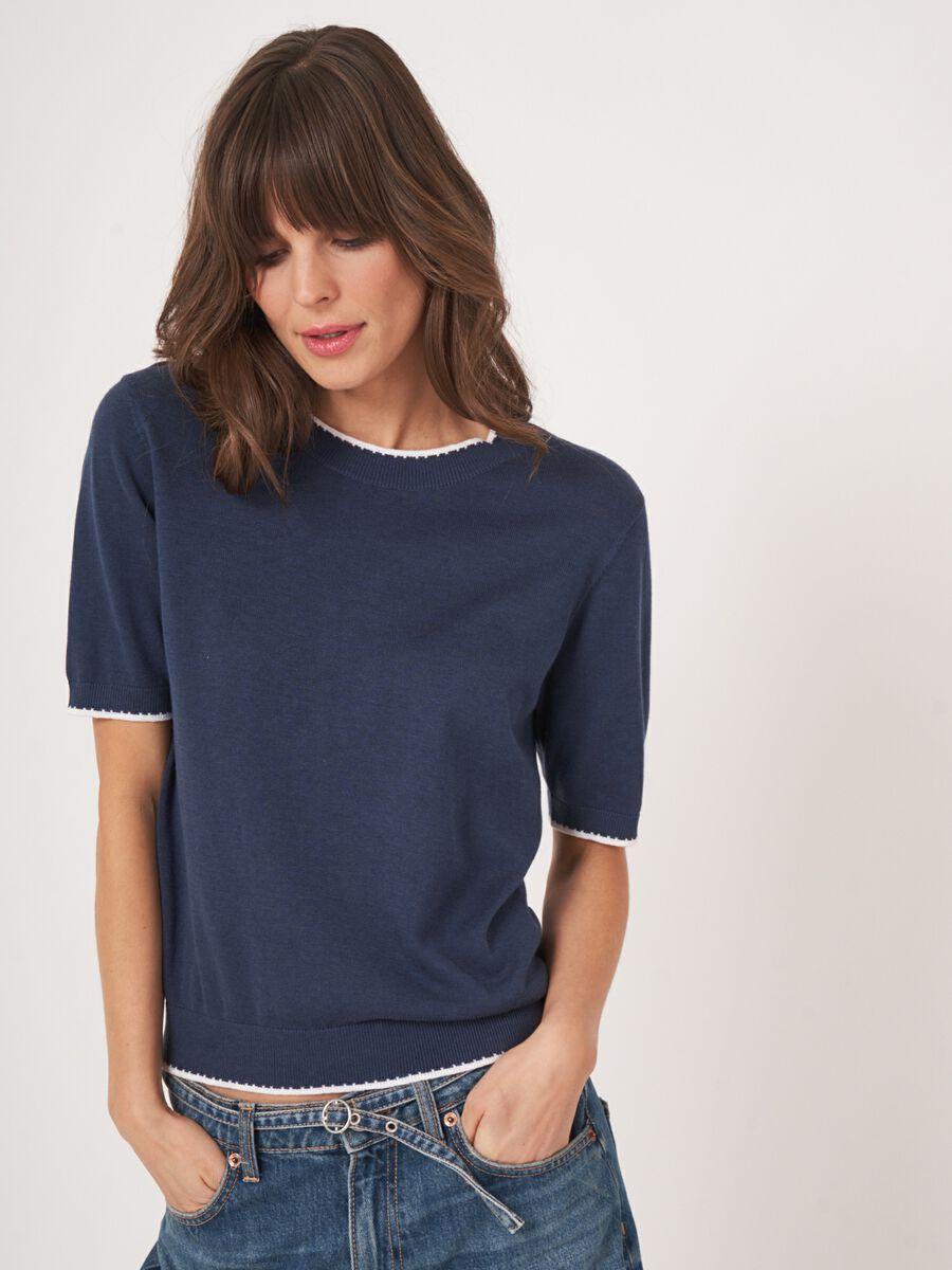 Repeat Cashmere Trui Met Korte Mouw En Contrastnaden