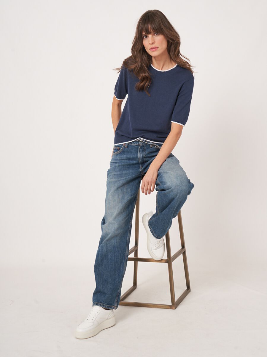 repeat cashmere Trui met korte mouw en contrastnaden