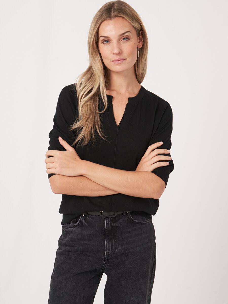 repeat cashmere Trui van cashmere zijde met halve mouw en hals met splitje