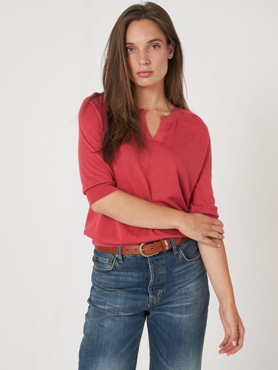 repeat cashmere Trui van cashmere zijde met halve mouw en hals met splitje