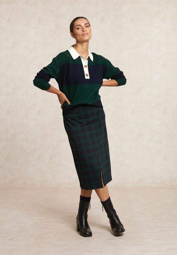 river woods A-lijn geruite midirok met voorsplit kaki