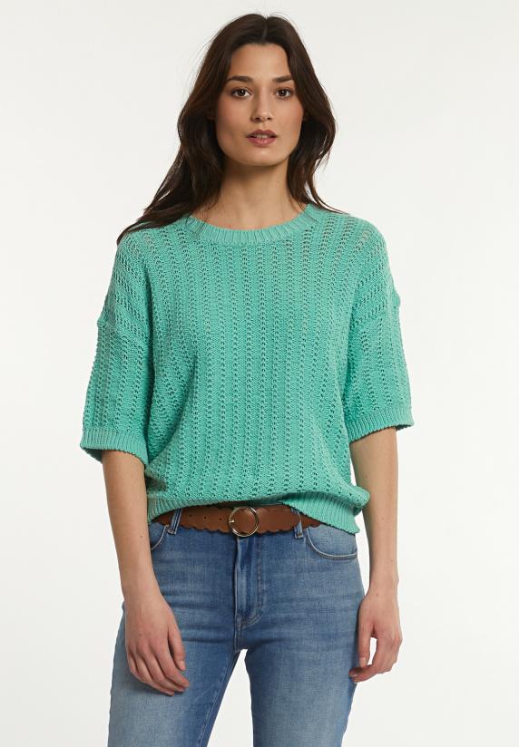 river woods Ajour trui ronde hals korte mouwen mintgroen