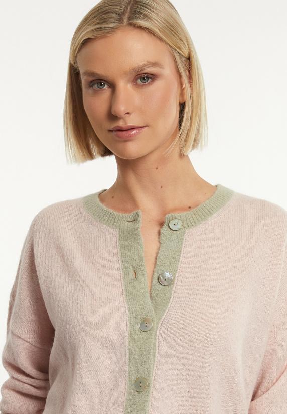 River Woods Alpaca-zuivere Scheerwol Cardigan Lange Mouwen Roze/olijfgroen