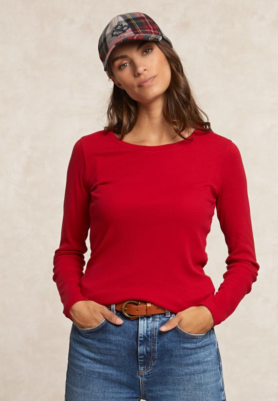 River Woods Basic Geribde T-shirt Ronde Hals Lange Mouwen Rood