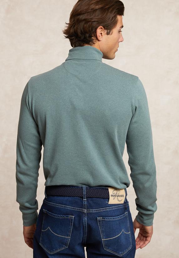 River Woods Basic Katoenen Rolkraag T-shirt Lange Mouwen Jade Green Mix