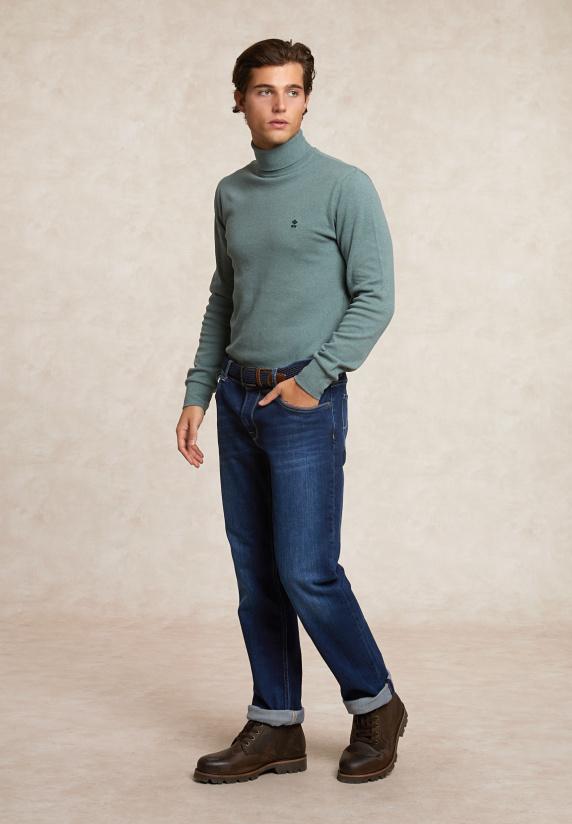 River Woods Basic Katoenen Rolkraag T-shirt Lange Mouwen Jade Green Mix