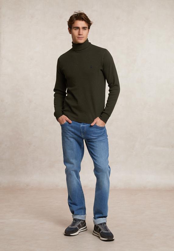 River Woods Basic Katoenen Rolkraag T-shirt Lange Mouwen Olive Mix