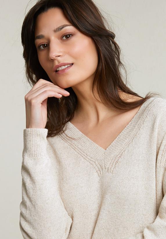 River Woods Beige Katoen-linnen V-hals Trui Lange Mouwen