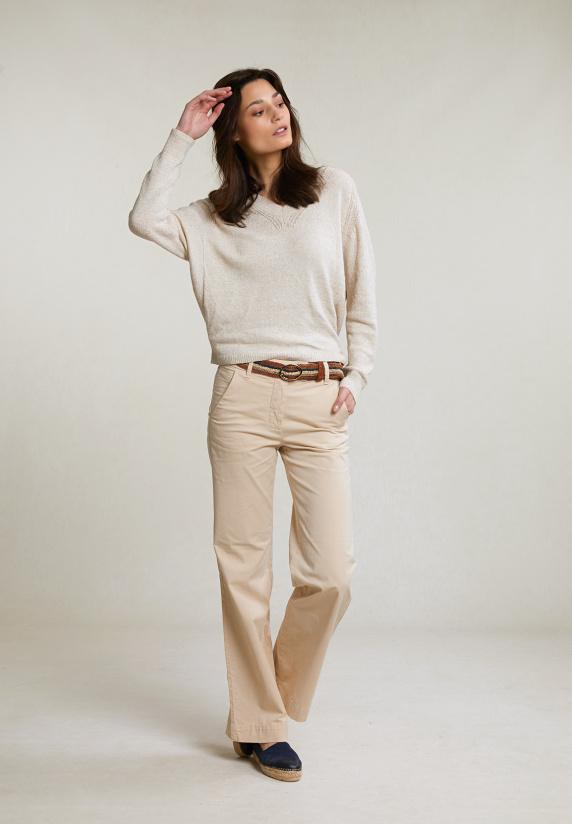 River Woods Beige Katoen-linnen V-hals Trui Lange Mouwen