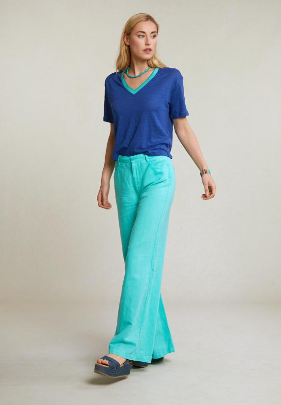 River Woods Blauwe Linnen V-hals T-shirt Korte Mouwen