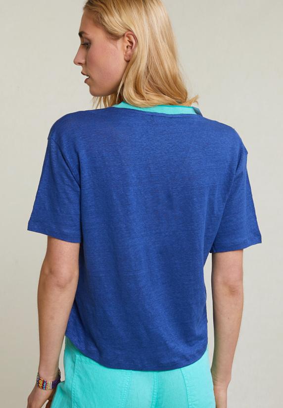 River Woods Blauwe Linnen V-hals T-shirt Korte Mouwen