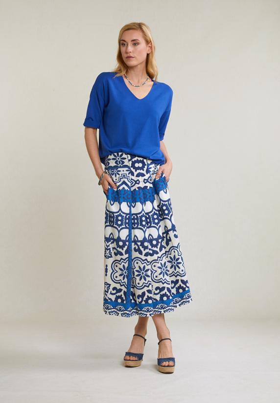 River Woods Blauwe V-hals Viscose Trui Korte Mouwen