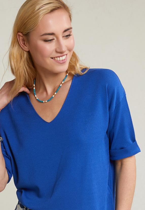 River Woods Blauwe V-hals Viscose Trui Korte Mouwen