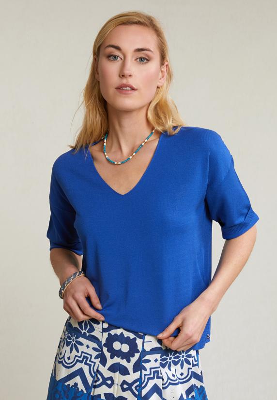 river woods Blauwe V-hals viscose trui korte mouwen
