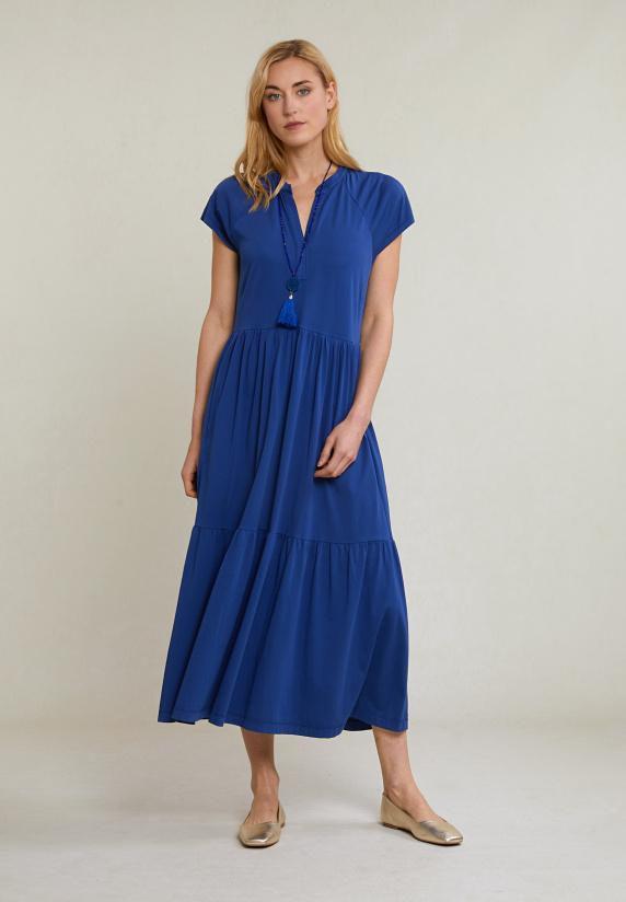 river woods Blauwe wijdvallende jerseyjurk korte mouwen