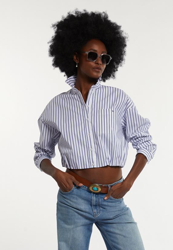 river woods Cropped katoenen blouse elastische taille blauw/wit