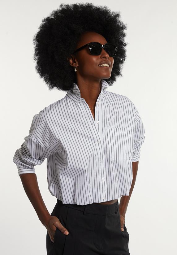 river woods Cropped katoenen blouse elastische taille grijs/wit