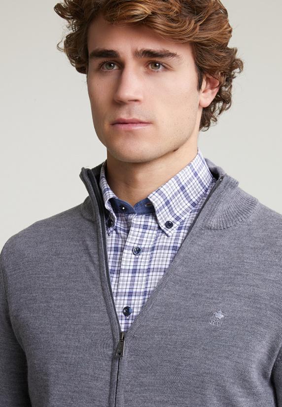 River Woods Custom Fit Basic Merino Cardigan Met Rits Oxford Mix