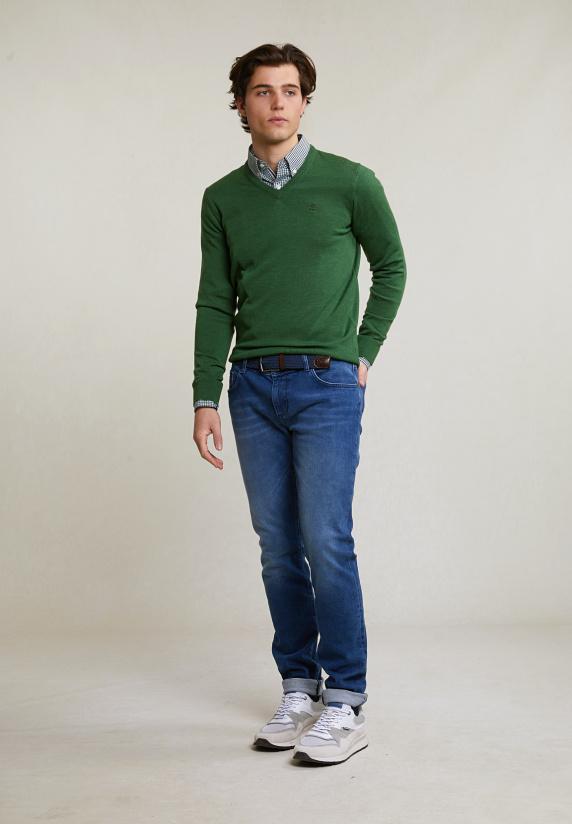 River Woods Custom Fit Basic Merino V-hals Trui Dark Belize Mix