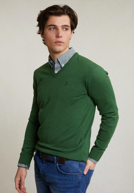 River Woods Custom Fit Basic Merino V-hals Trui Dark Belize Mix