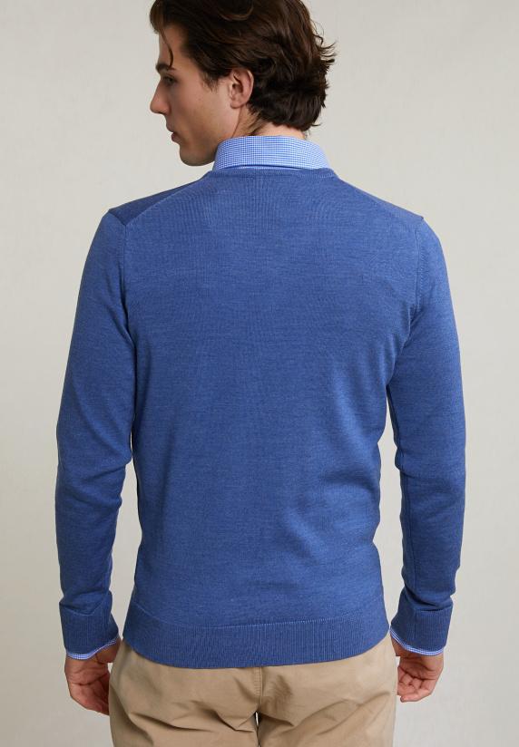 River Woods Custom Fit Basic Merino V-hals Trui Hamptons Blue Mix