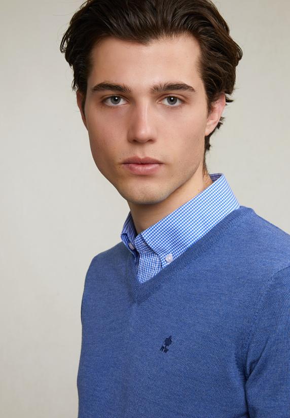 River Woods Custom Fit Basic Merino V-hals Trui Hamptons Blue Mix