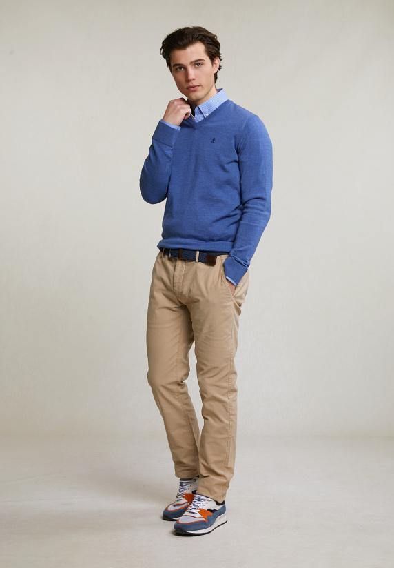 River Woods Custom Fit Basic Merino V-hals Trui Hamptons Blue Mix