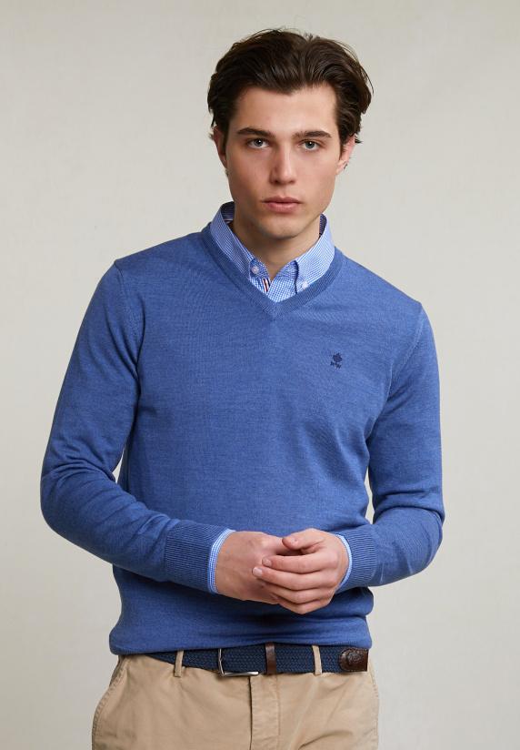 River Woods Custom Fit Basic Merino V-hals Trui Hamptons Blue Mix
