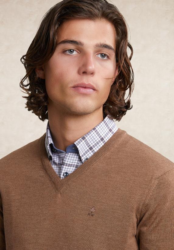 River Woods Custom Fit Basic Merino V-hals Trui Loam Mix