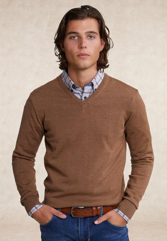 River Woods Custom Fit Basic Merino V-hals Trui Loam Mix