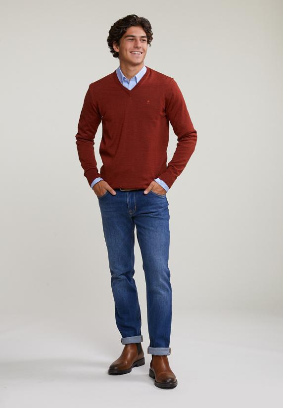 River Woods Custom Fit Basic Merino V-hals Trui Negroni Mix