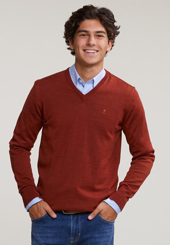 river woods Custom fit basic merino V-hals trui negroni mix