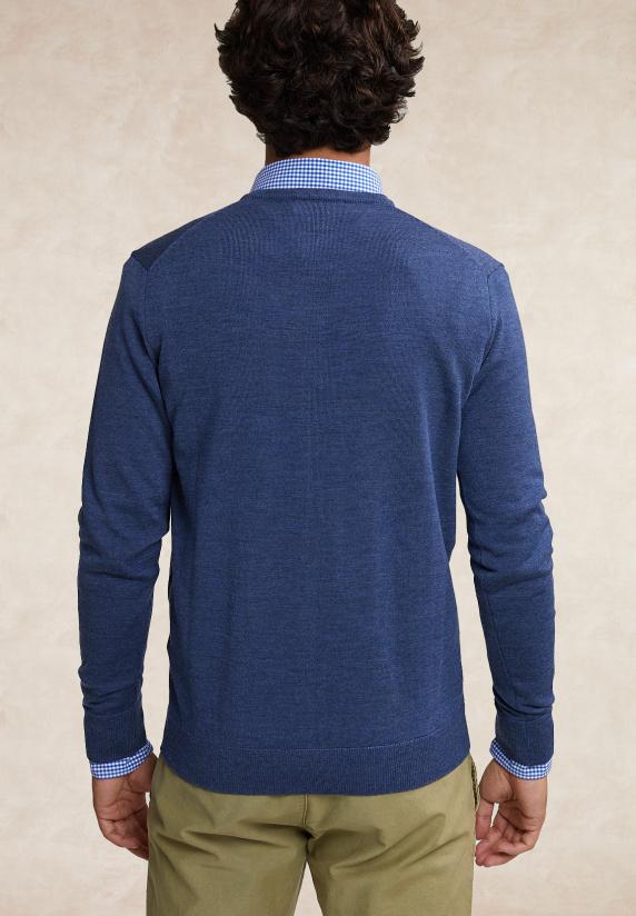 River Woods Custom Fit Basic Merino V-hals Trui Oriental Blue Mix