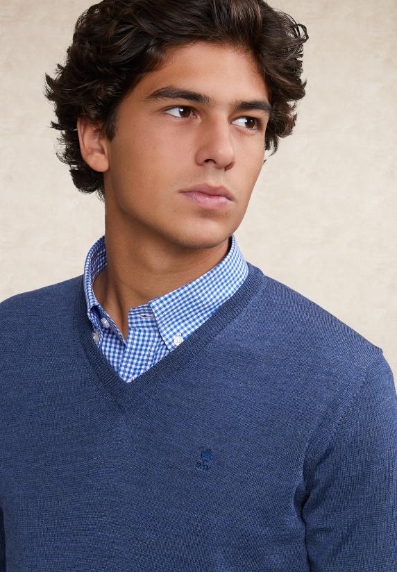 River Woods Custom Fit Basic Merino V-hals Trui Oriental Blue Mix