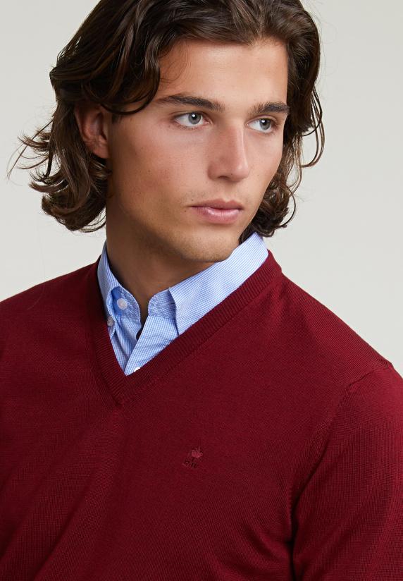 River Woods Custom Fit Basic Merino V-hals Trui Red Mix