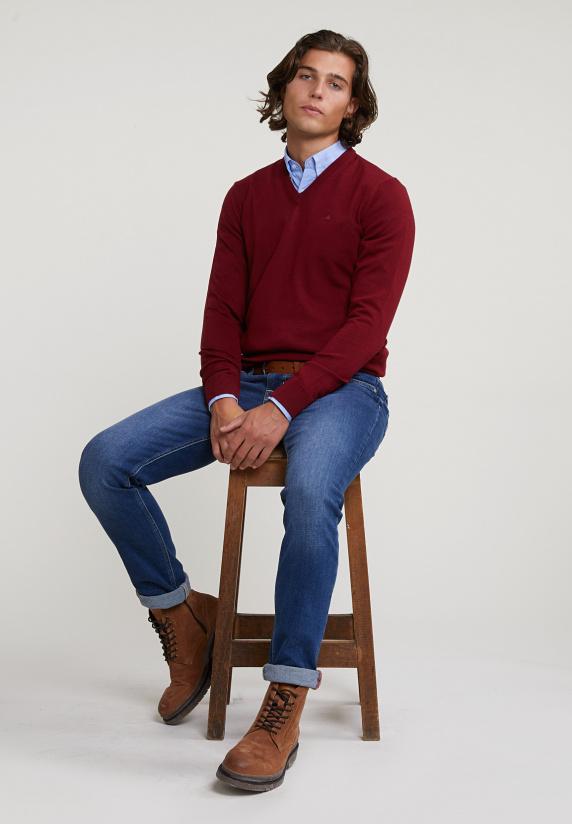 River Woods Custom Fit Basic Merino V-hals Trui Red Mix