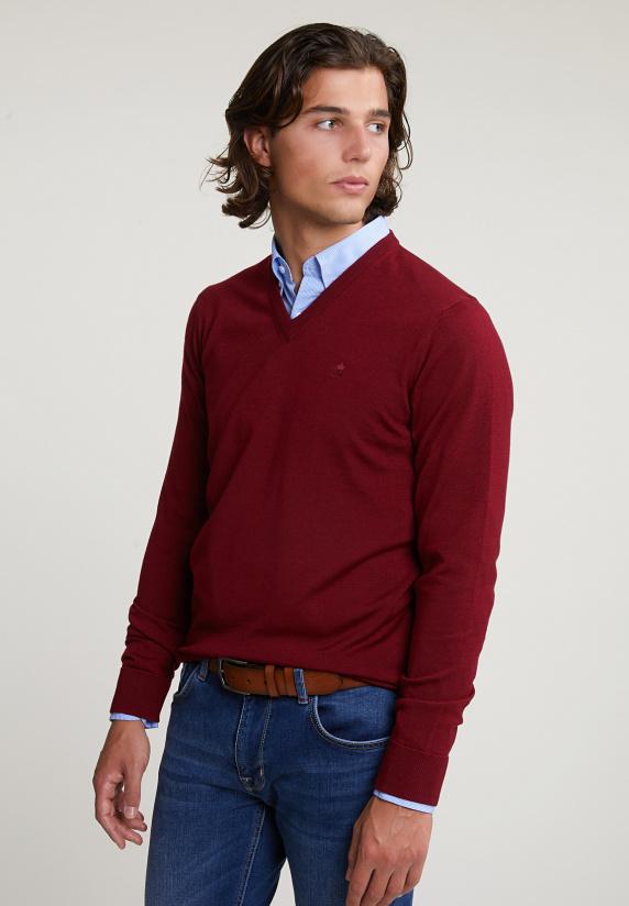 River Woods Custom Fit Basic Merino V-hals Trui Red Mix