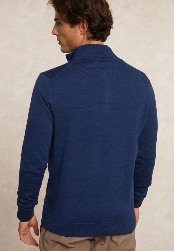 River Woods Custom Fit Basic Merinotrui Halve Rits Denim Blue Mix