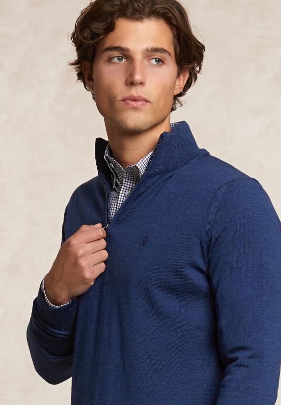 River Woods Custom Fit Basic Merinotrui Halve Rits Denim Blue Mix