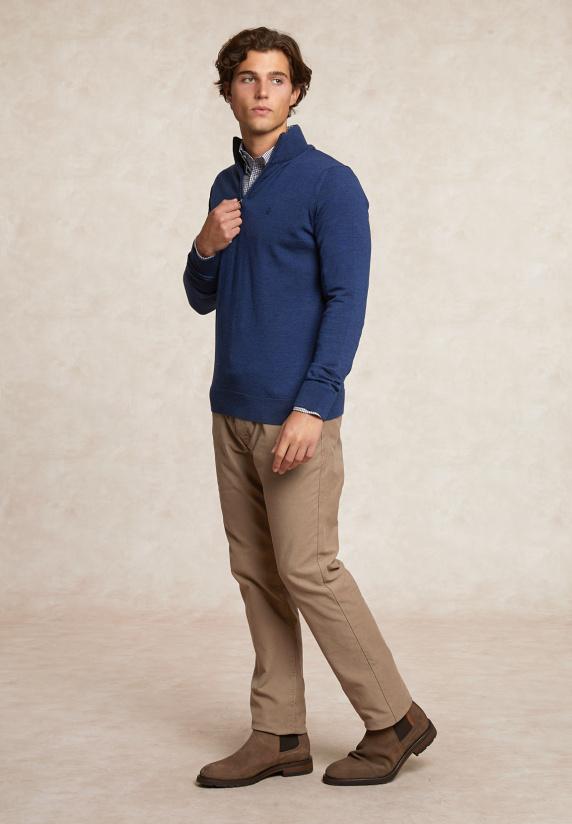 River Woods Custom Fit Basic Merinotrui Halve Rits Denim Blue Mix