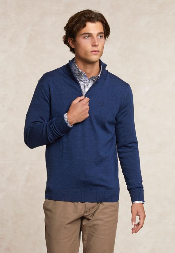 river woods Custom fit basic merinotrui halve rits denim blue mix