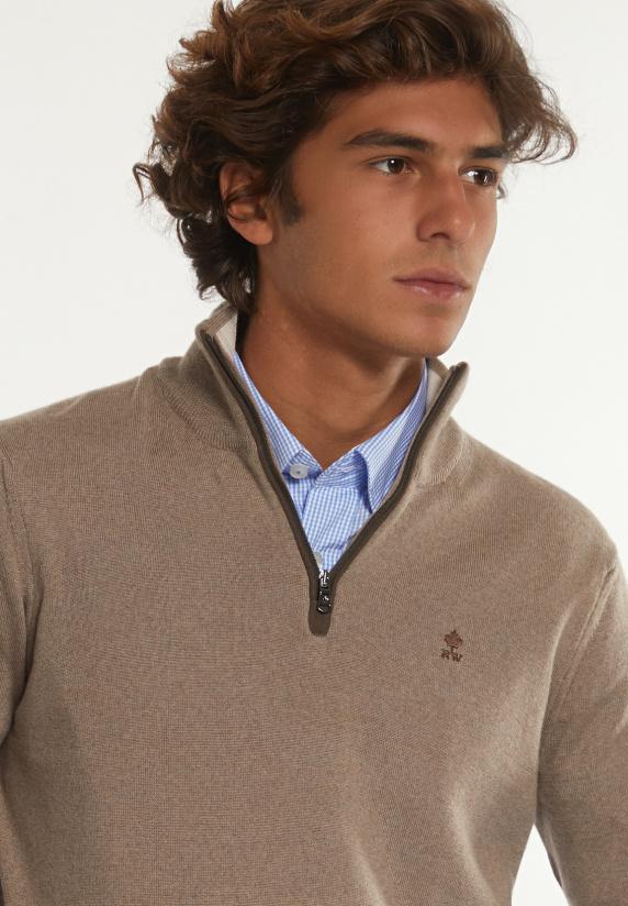 River Woods Custom Fit Basic Merinotrui Opstaande Kraag Earth Mix