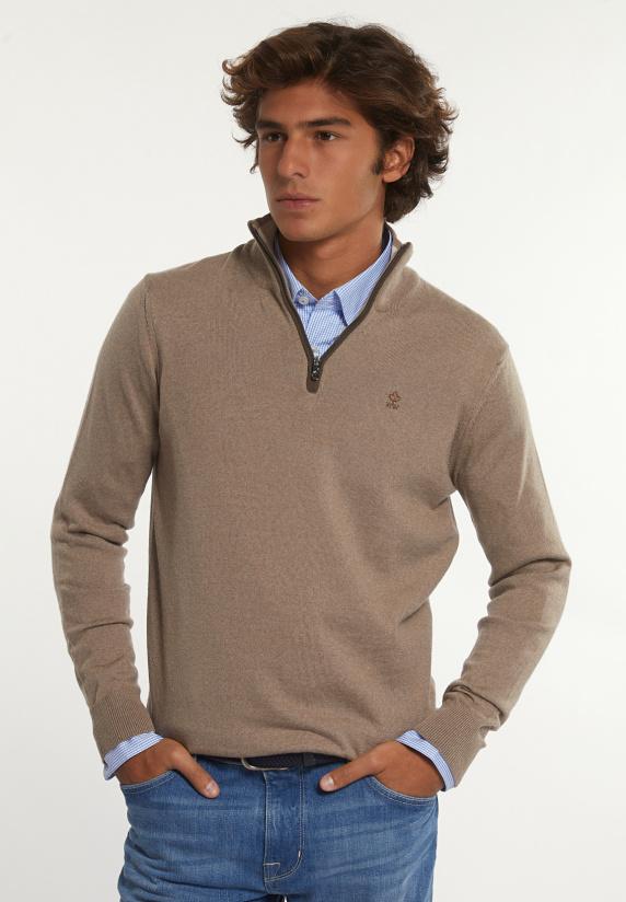 river woods Custom fit basic merinotrui opstaande kraag earth mix